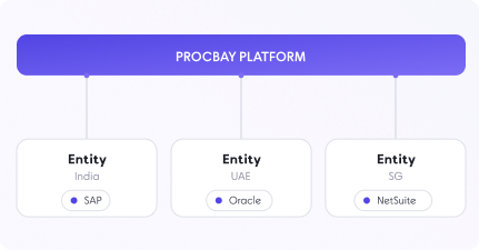 Procbay platform connected to India SAP, UAE Oracle, and SG NetSuite entities